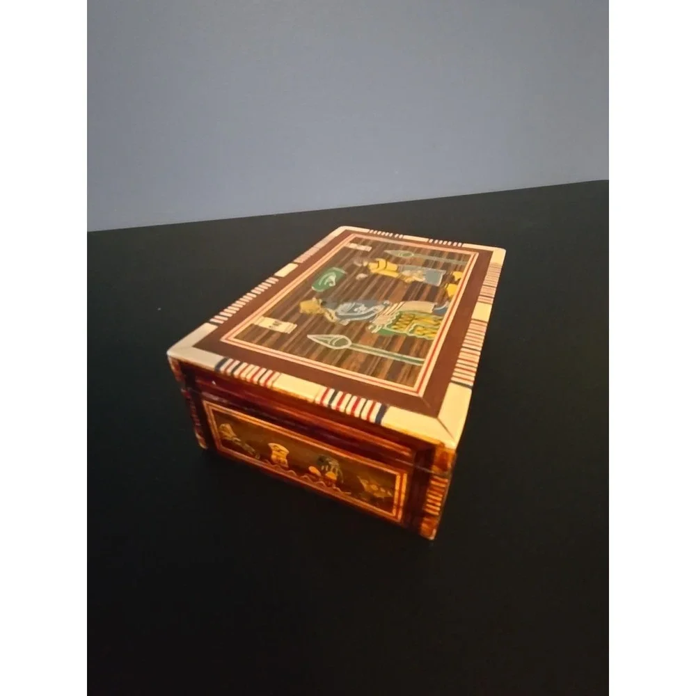 Vintage Hinged Wood‎ Box Mother Of Pearl Carved Egyptian theme 2